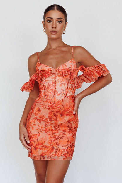 Catania Off-Shoulder Ruffle Mini Dress Floral Orange