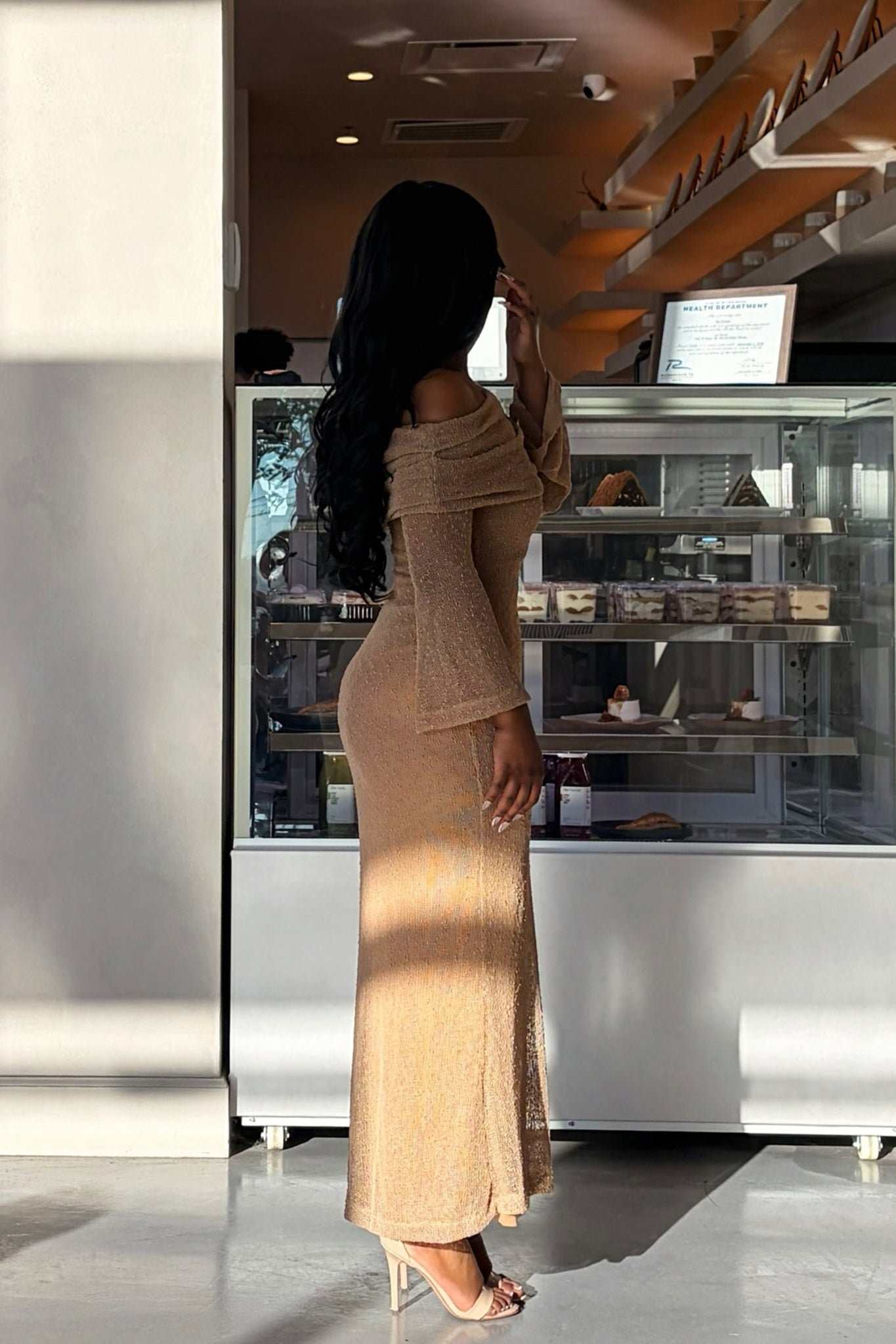 Alivya Off-Shoulder Knit Maxi Dress Mocha