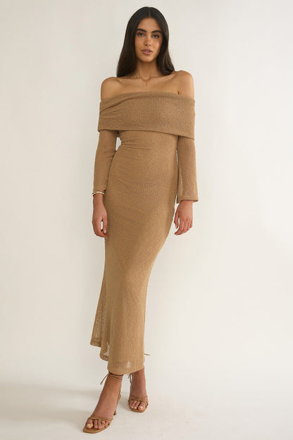 Alivya Off-Shoulder Knit Maxi Dress Mocha