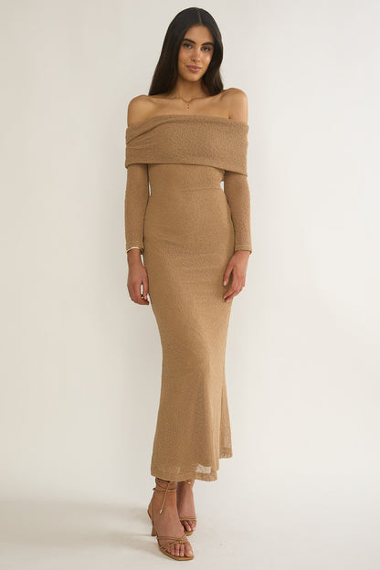 Alivya Off-Shoulder Knit Maxi Dress Mocha