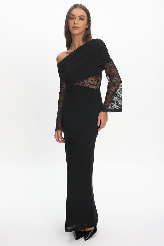 Alivya Asymmetric Neckline Lace Trim Maxi Dress Black