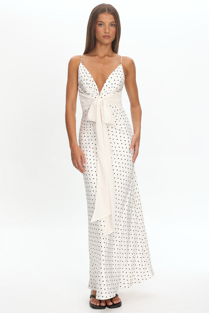 Ambrette Bow Waist Maxi Dress Polka Dot Cream