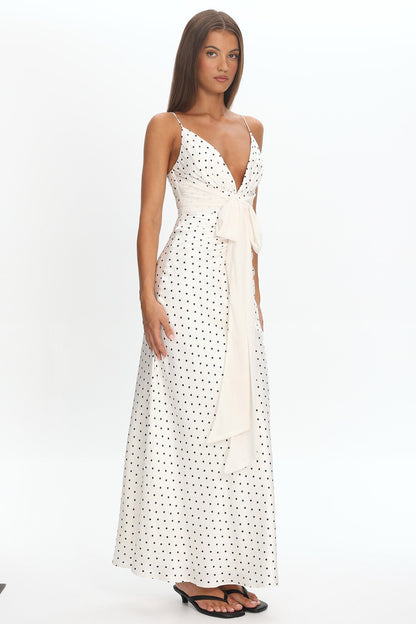 Ambrette Bow Waist Maxi Dress Polka Dot Cream