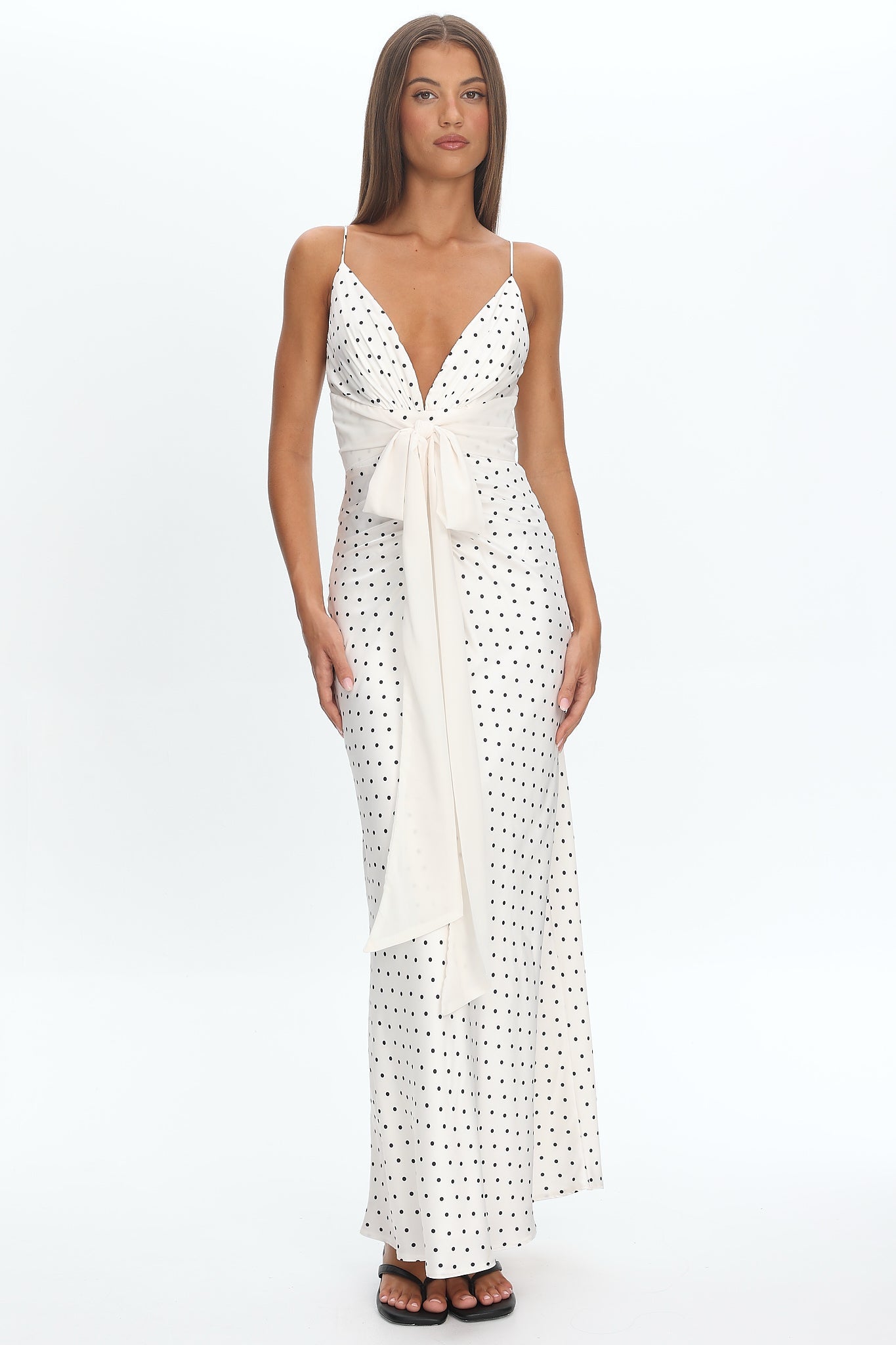 Ambrette Bow Waist Maxi Dress Polka Dot Cream