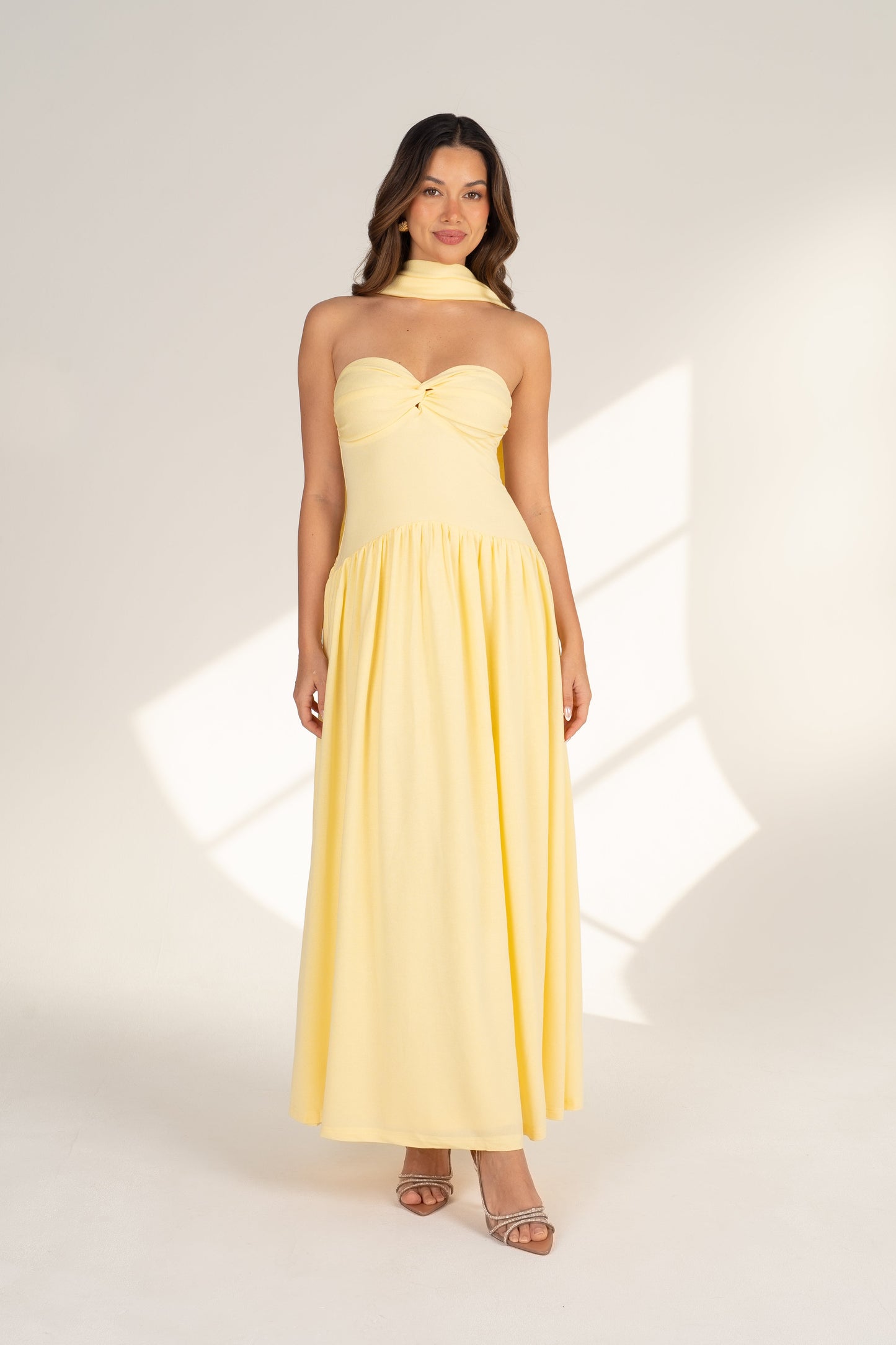 Celina Strapless Yellow Midi with Neck Scarf