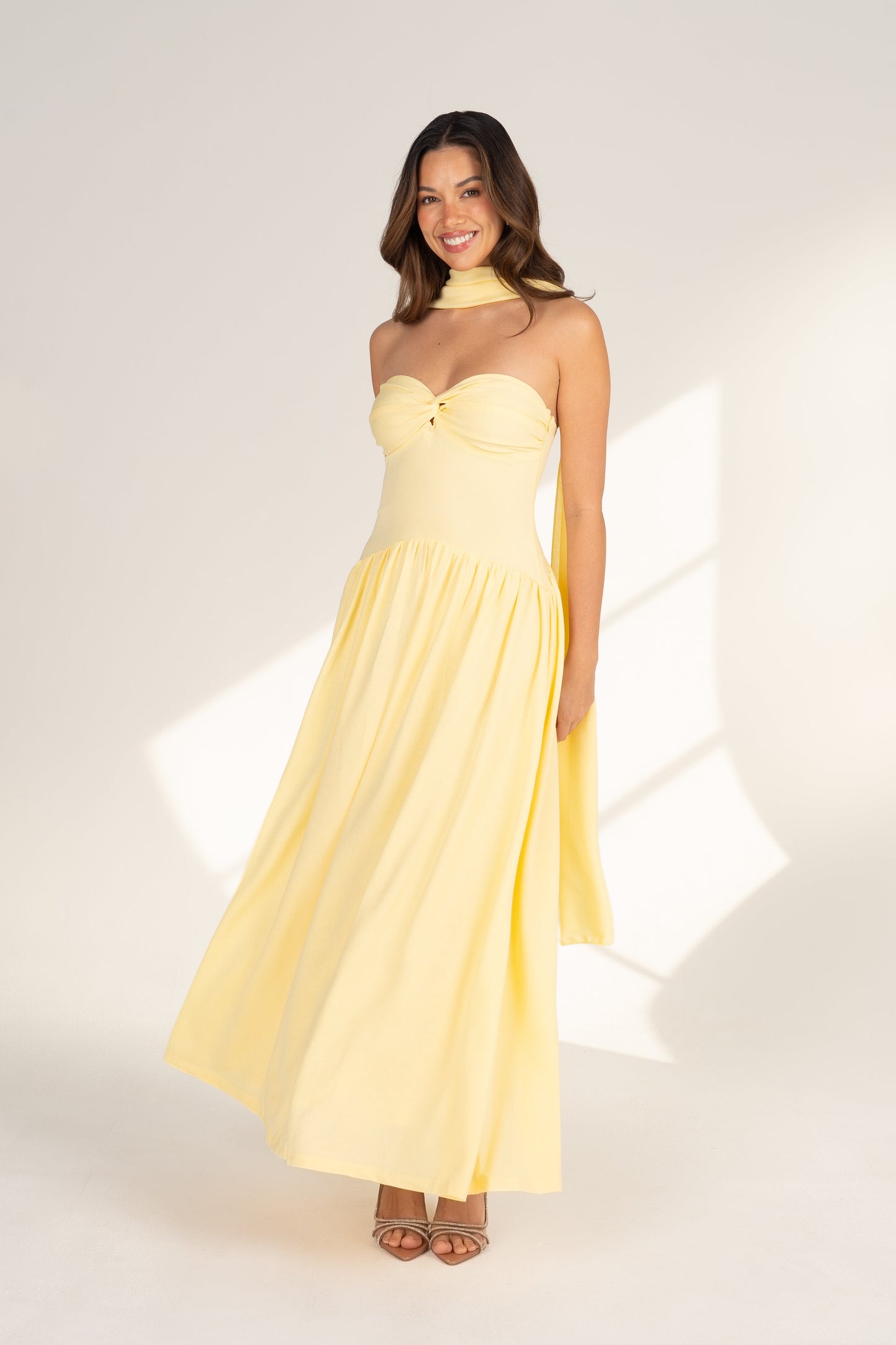 Celina Strapless Yellow Midi with Neck Scarf