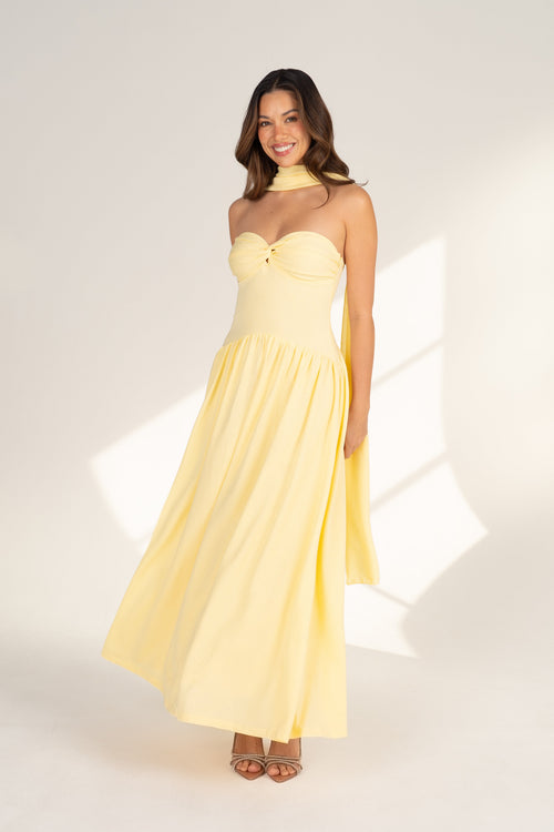 Celina Strapless Yellow Midi with Neck Scarf