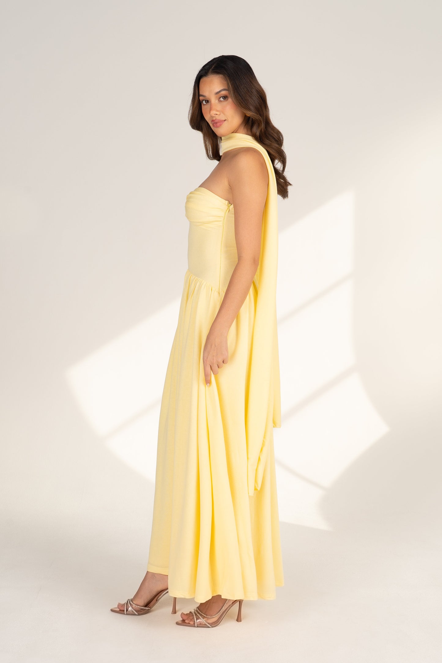 Celina Strapless Yellow Midi with Neck Scarf