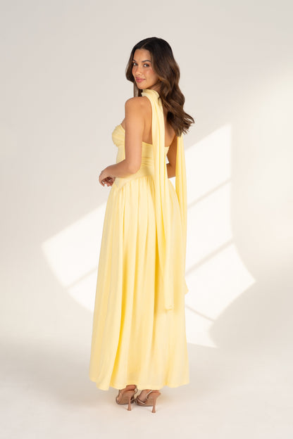 Celina Strapless Yellow Midi with Neck Scarf