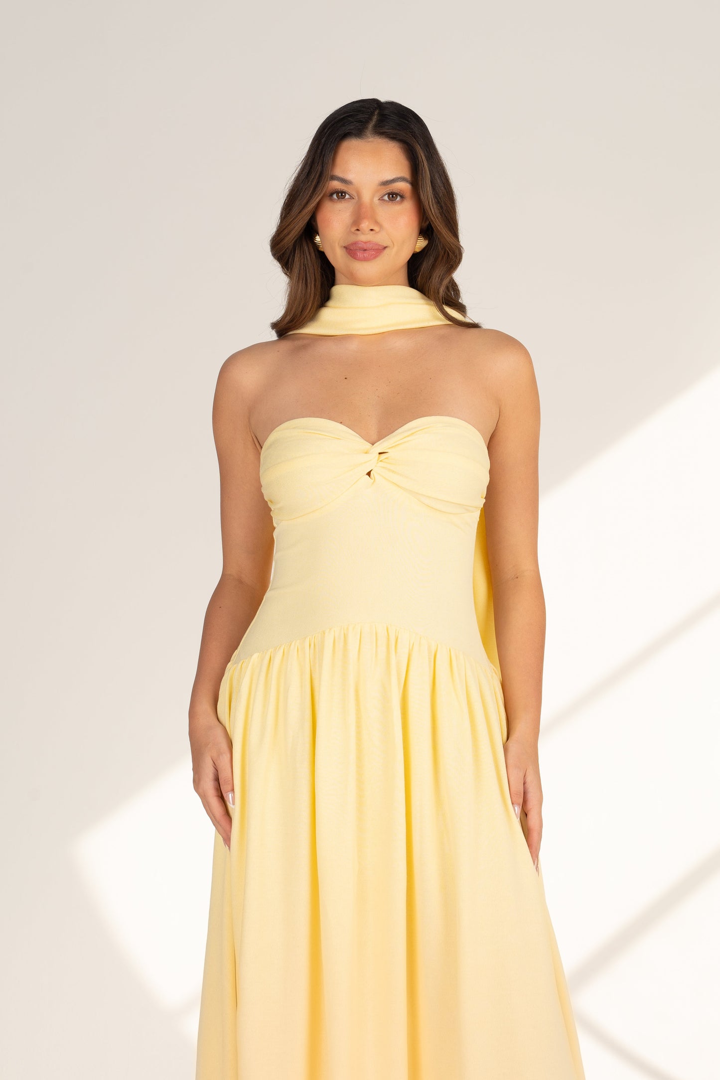 Celina Strapless Yellow Midi with Neck Scarf