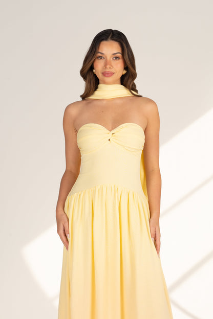 Celina Strapless Yellow Midi with Neck Scarf