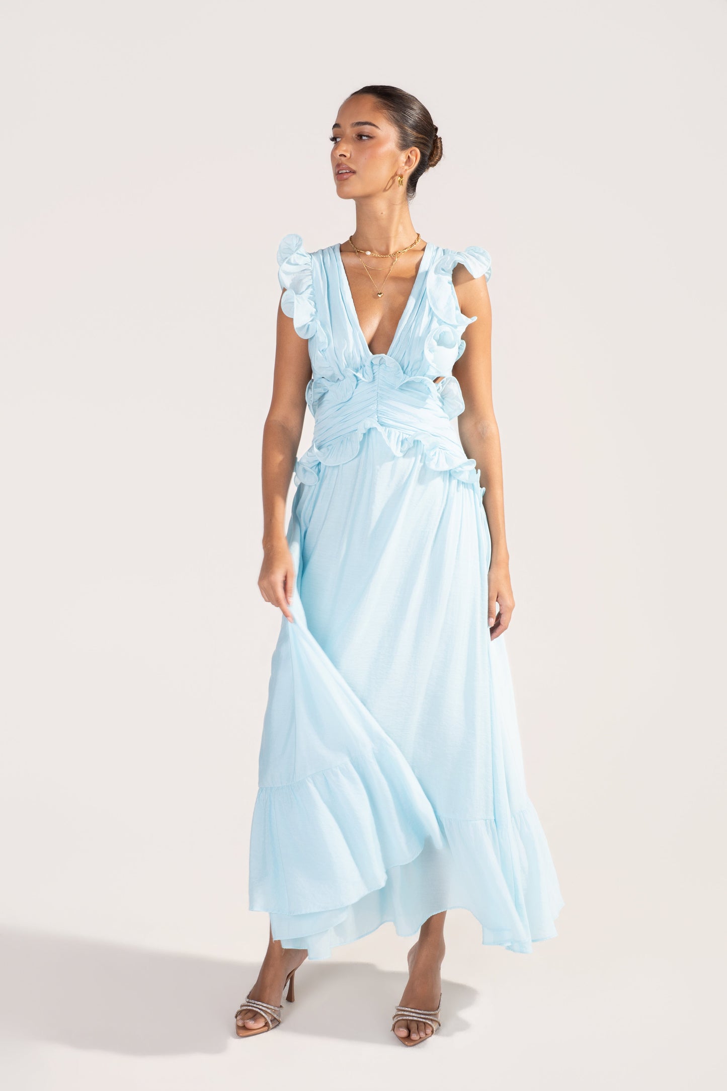 Clarisse Ruffle Trim Open Back Maxi Dress