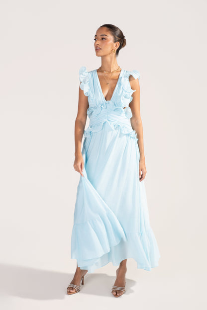 Clarisse Ruffle Trim Open Back Maxi Dress