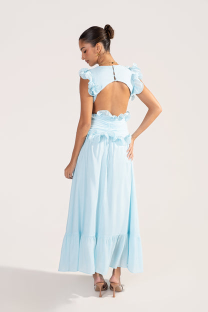 Clarisse Ruffle Trim Open Back Maxi Dress