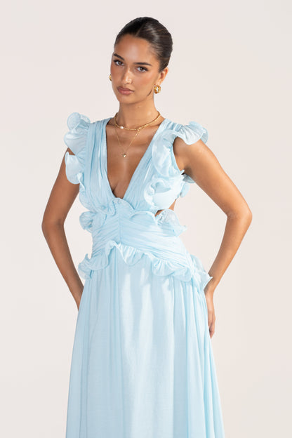 Clarisse Ruffle Trim Open Back Maxi Dress