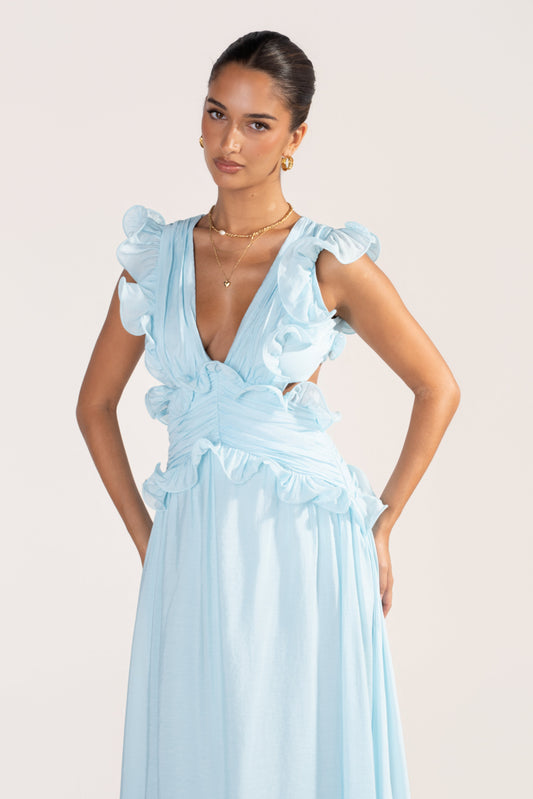 Clarisse Ruffle Trim Open Back Maxi Dress