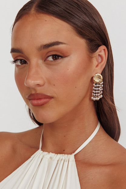 Alina Hammered Circle Tassel Earrings Gold Pearl