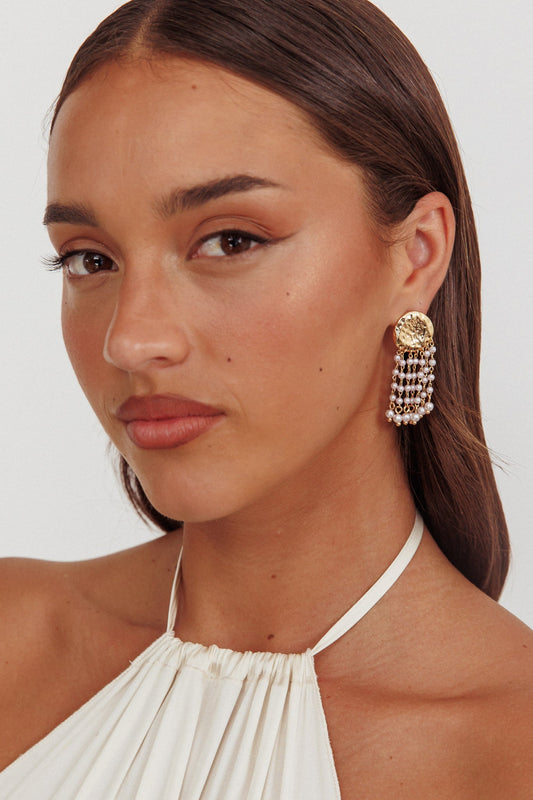 Alina Hammered Circle Tassel Earrings Gold Pearl