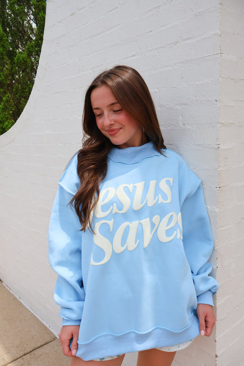 Jesus Saves Mockneck Pullover - Blue