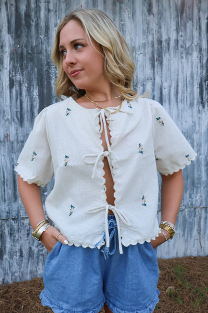 Oatmeal Floral Embroidered Tie Front Top