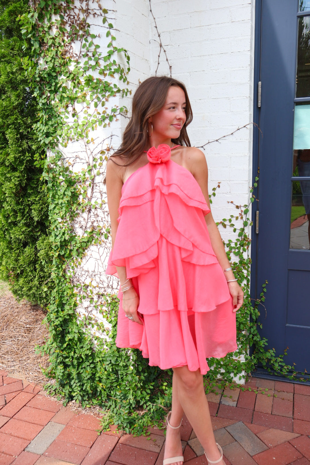 Tiered Rose Bud Halter Dress - Coral