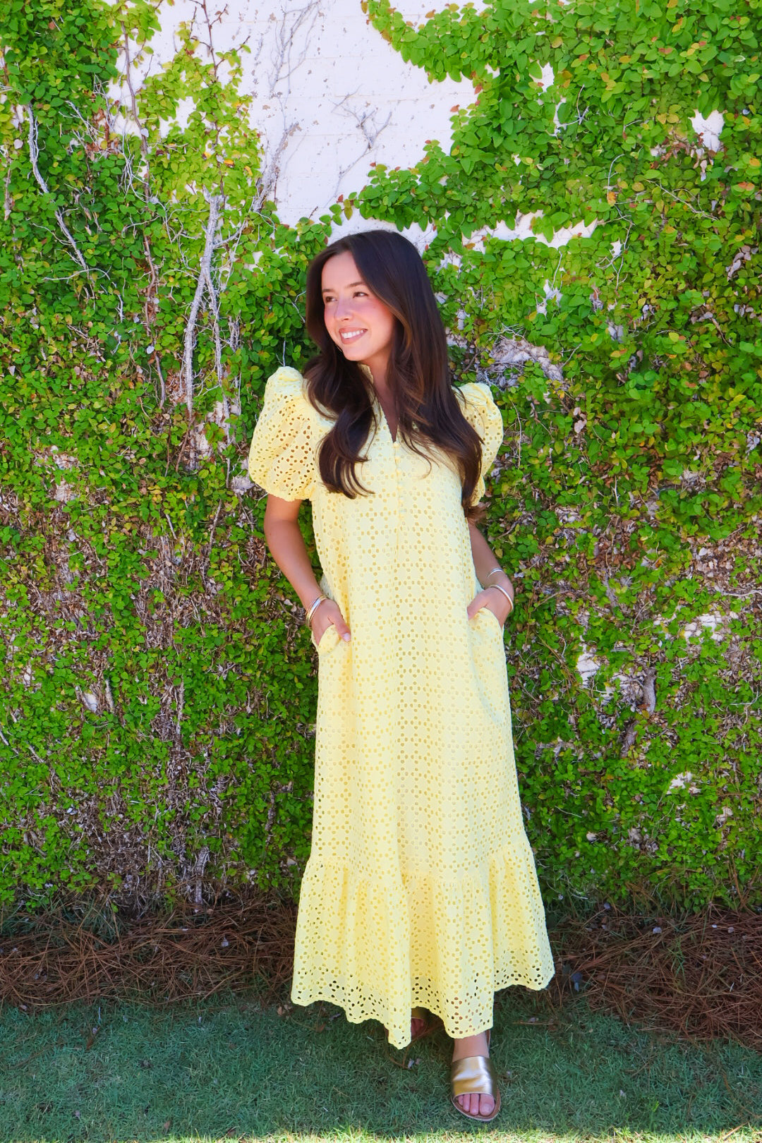 Eyelet Midi Dress - Yellow