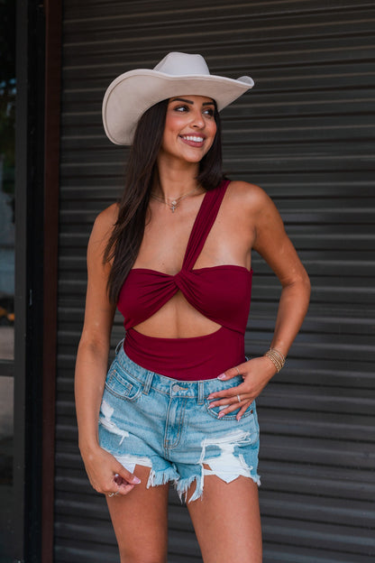 One Shoulder Reversible Bodysuit (Crimson)