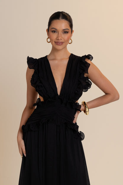 Clarisse Ruffle Trim Open Back Maxi Dress
