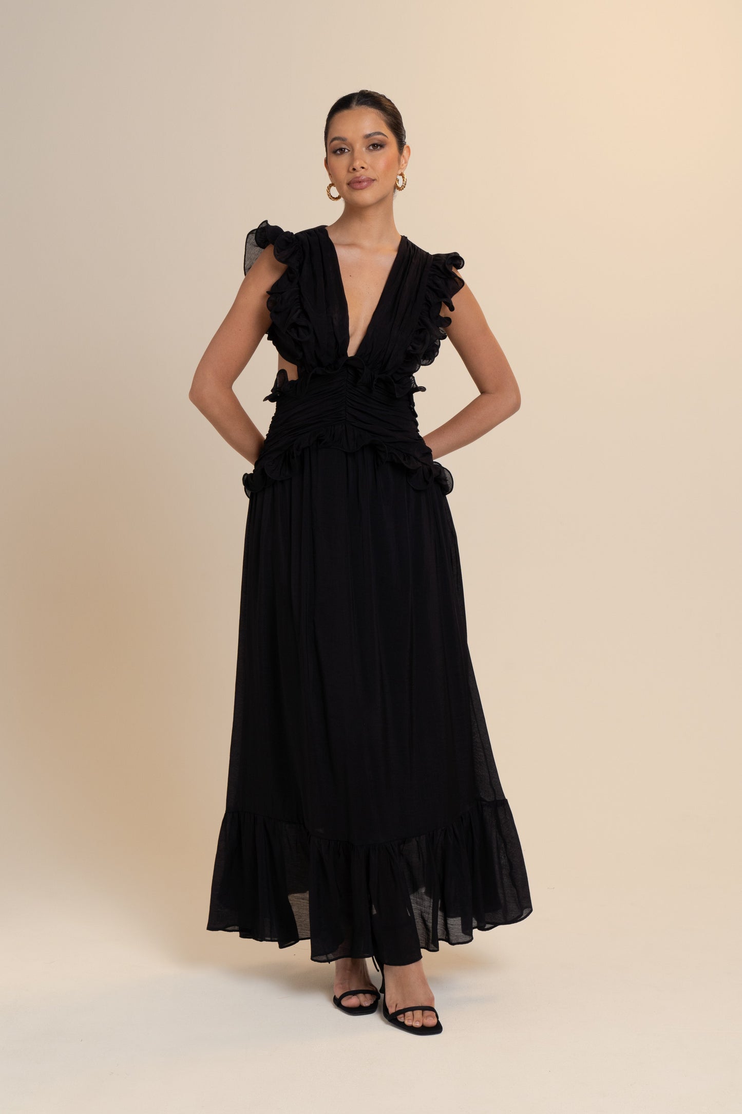 Clarisse Ruffle Trim Open Back Maxi Dress