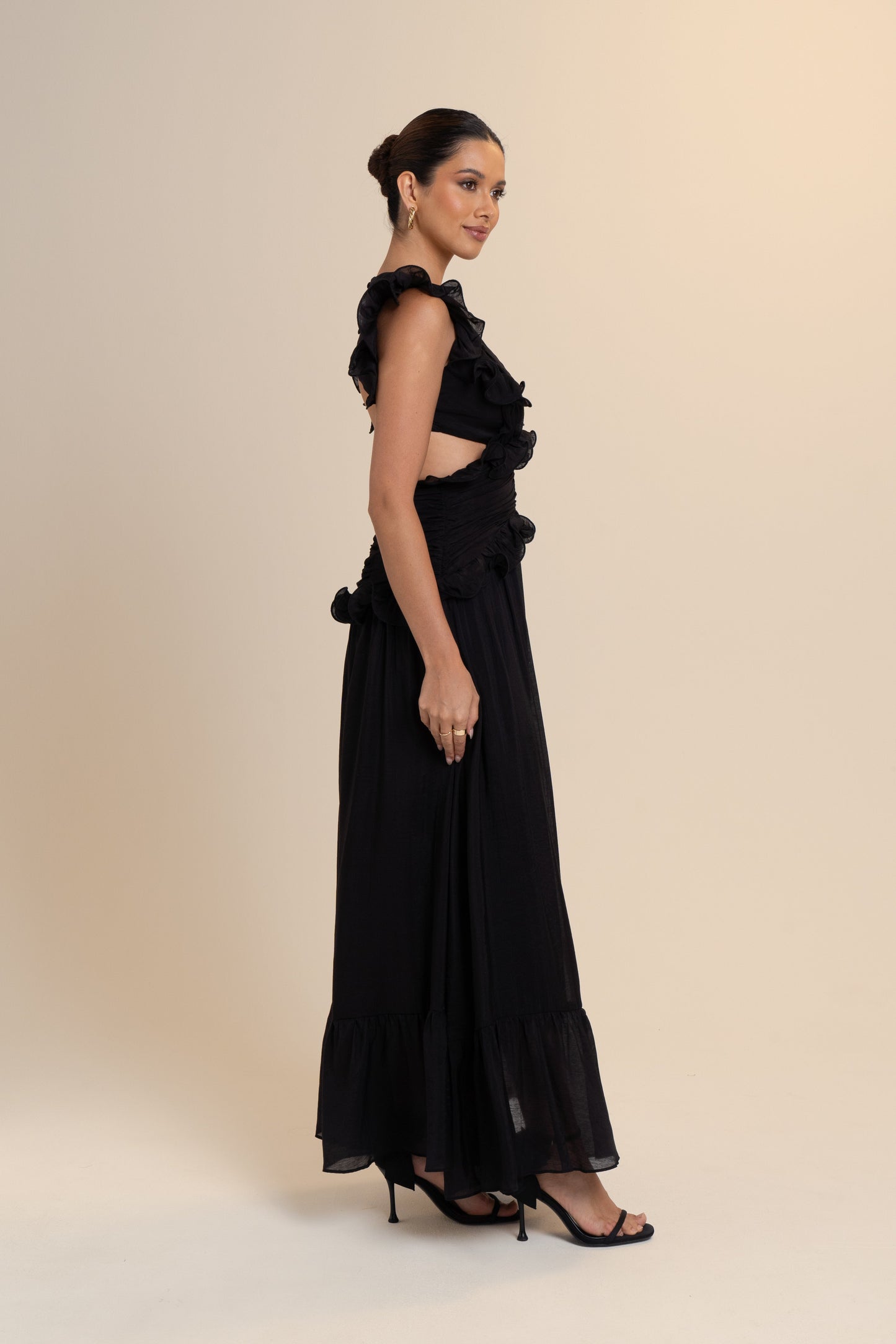 Clarisse Ruffle Trim Open Back Maxi Dress