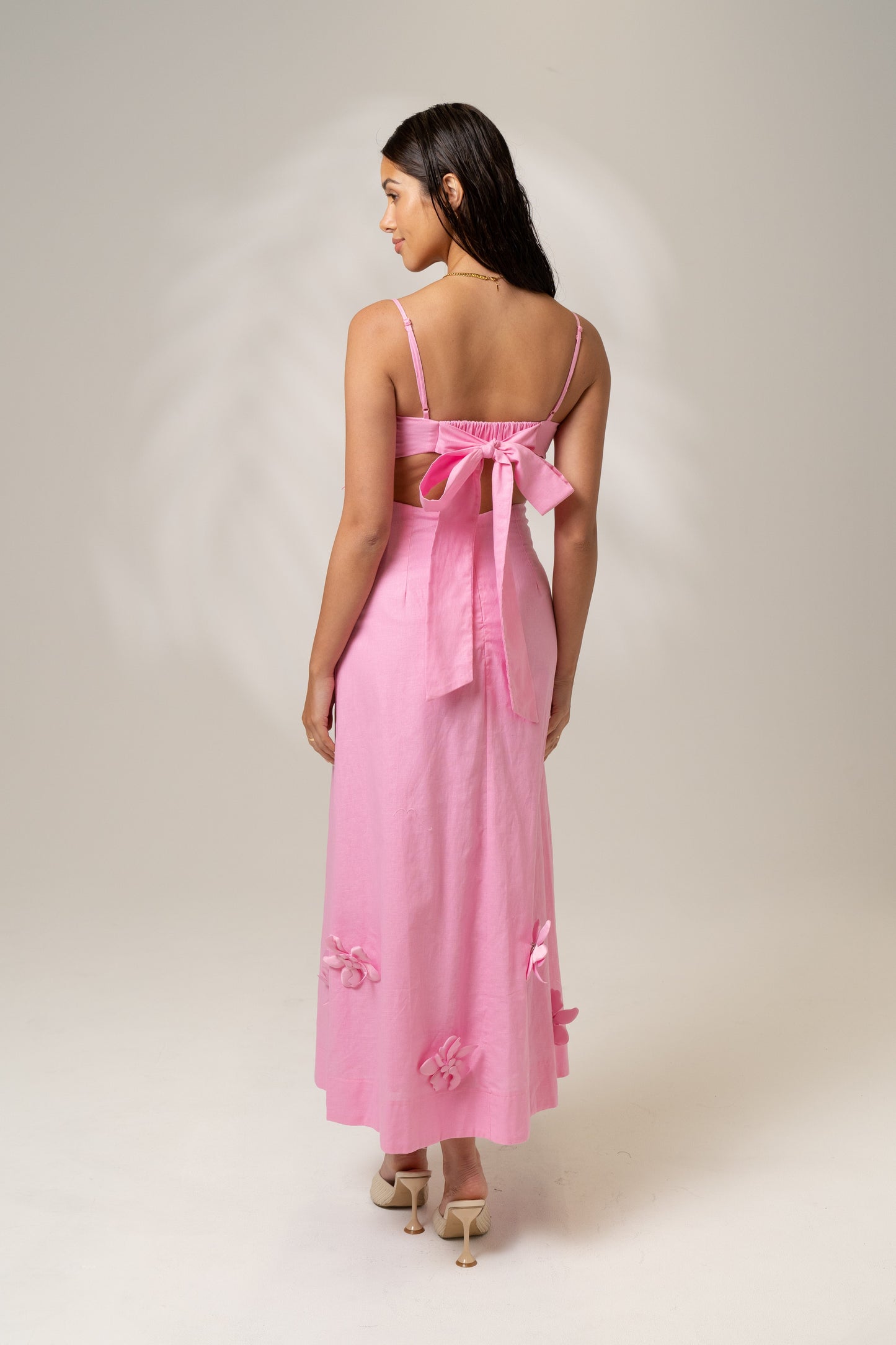 Delilah Pink Midi Dress with Detachable 3D Flowers