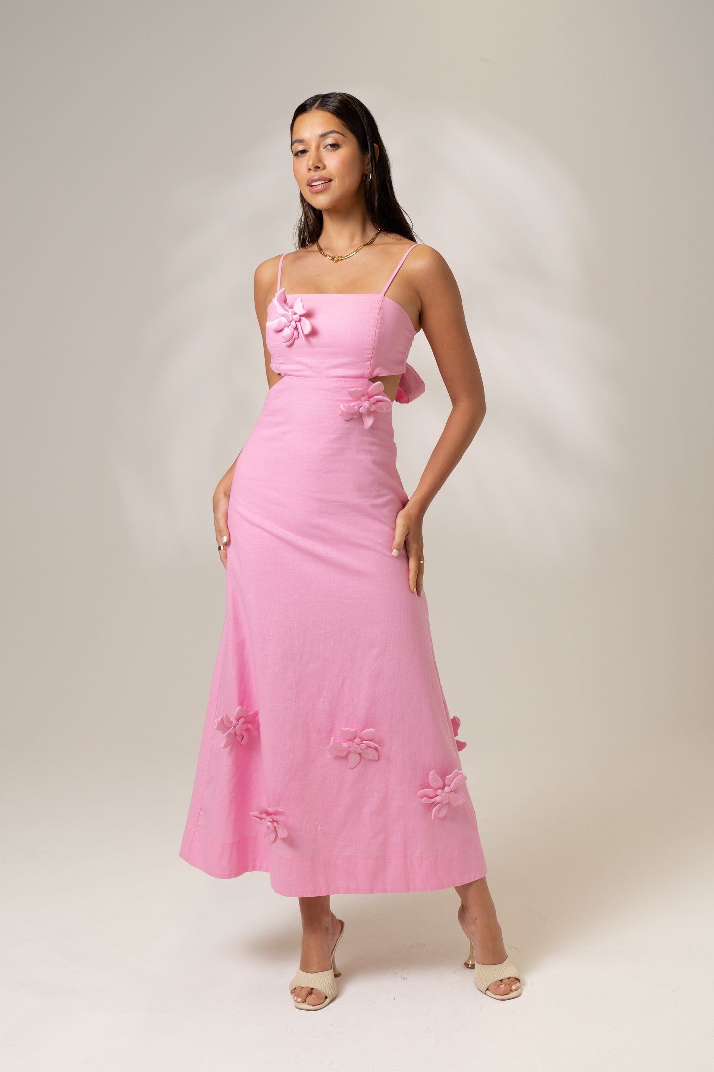 Delilah Pink Midi Dress with Detachable 3D Flowers