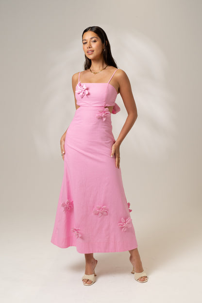 Delilah Pink Midi Dress with Detachable 3D Flowers