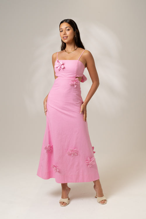 Delilah Pink Midi Dress with Detachable 3D Flowers