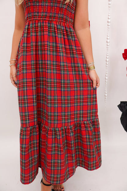 Red Plaid Smocked Midi Dress