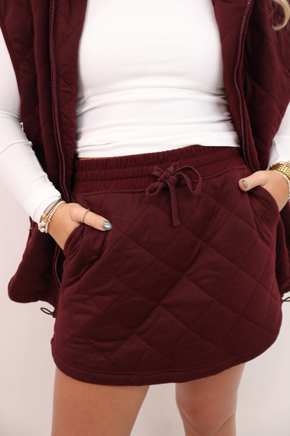 Quilted Skort + Vest Lounge Set - Dark Cherry