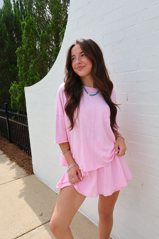Slub Cotton Skort Set - Bubblegum Pink
