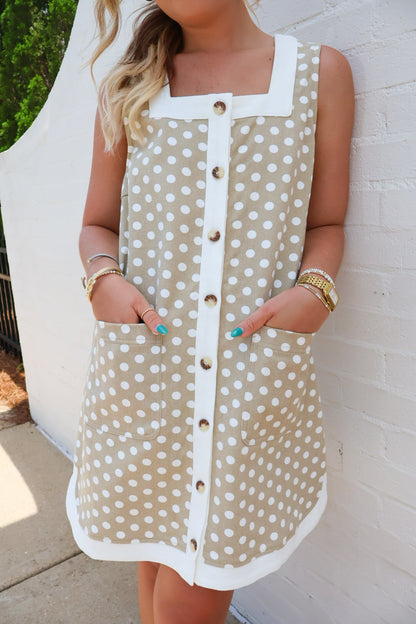 Tan Polka Dot Button Front Jumper Dress