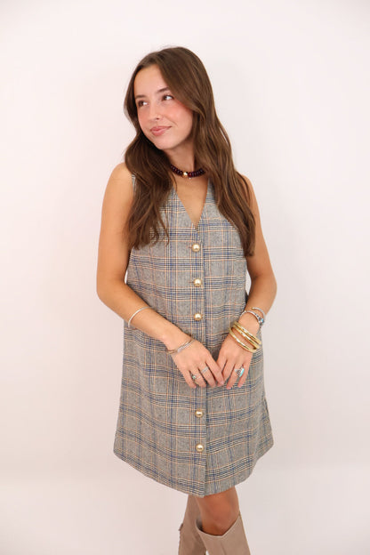 Plaid Button-Front Tailored Dress