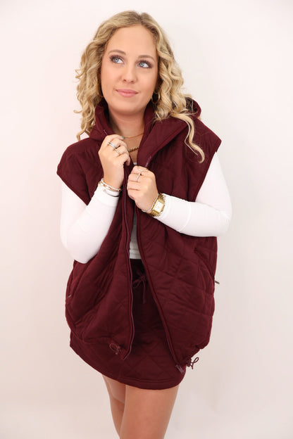 Quilted Skort + Vest Lounge Set - Dark Cherry