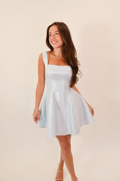 Powder Blue Bow Back Satin Mini Dress