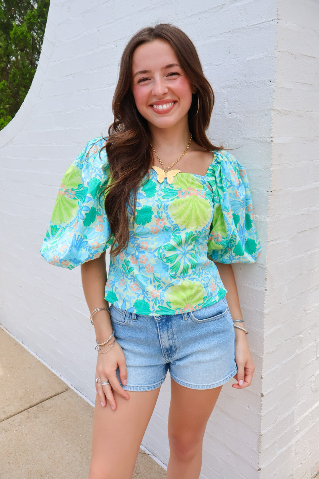 Green and Blue Floral Puff Sleeve Top