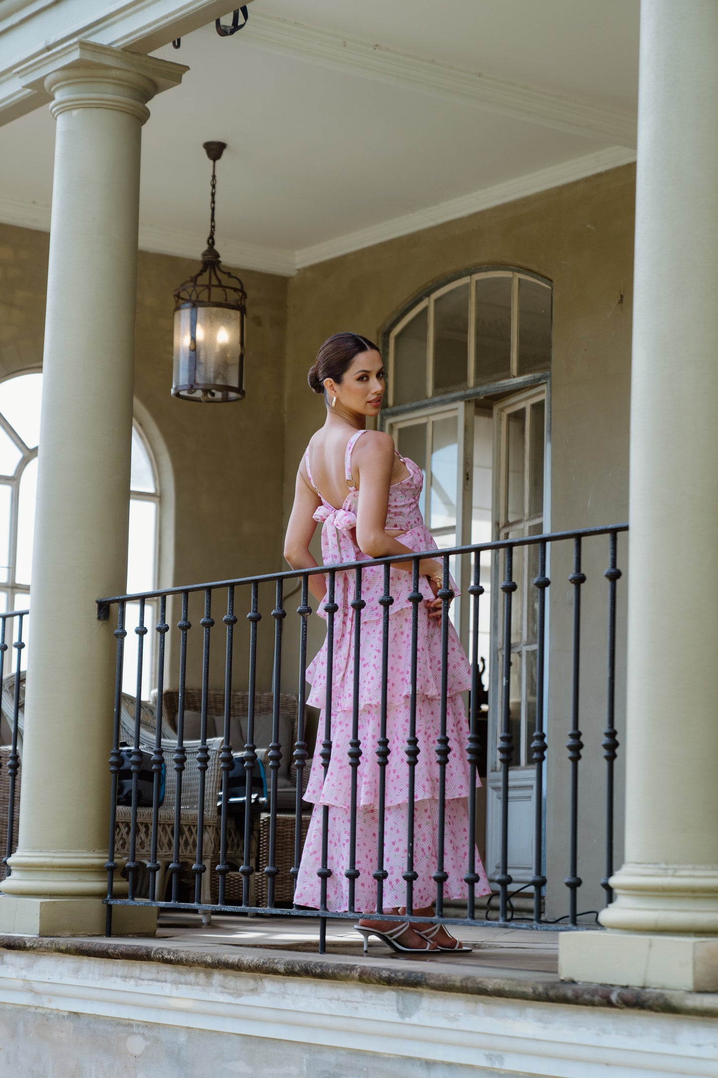 Dianne Tiered Midi Dress with Bow Tie