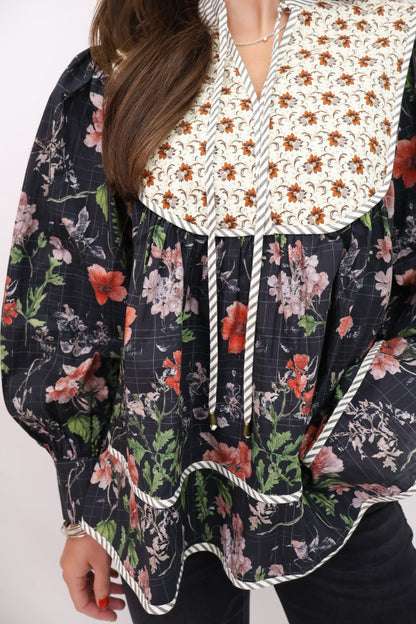 Black Floral Contrast Collar Top