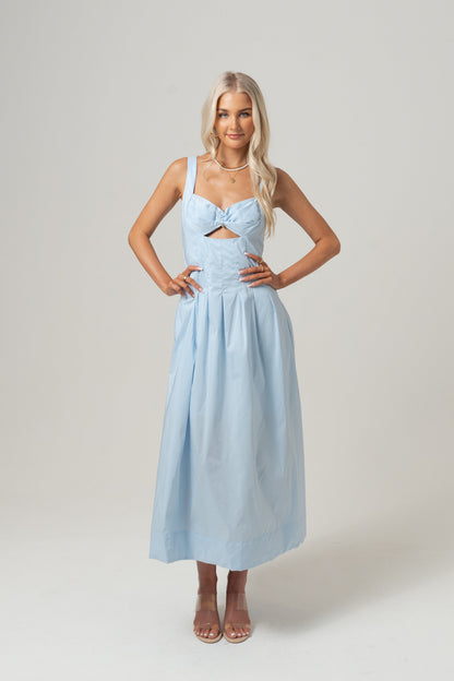 Laura Blue Midi Dress with Pleated Trims