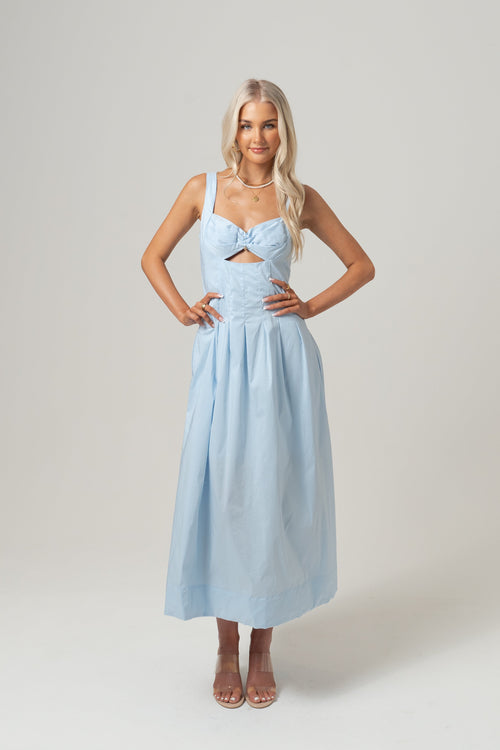 Laura Blue Midi Dress with Pleated Trims