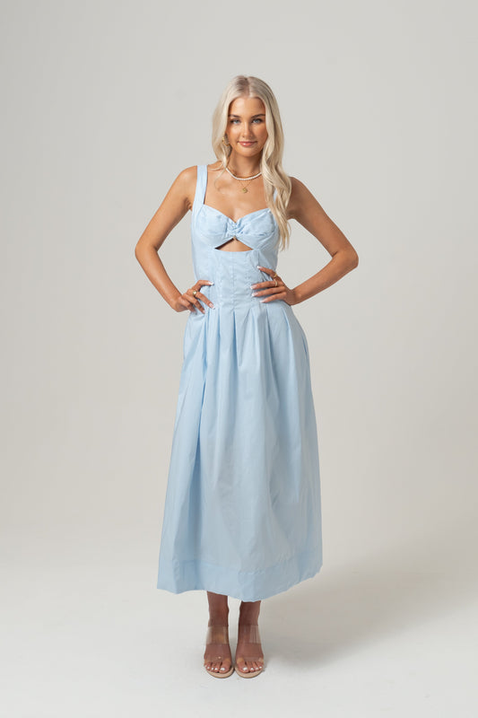 Laura Blue Midi Dress with Pleated Trims
