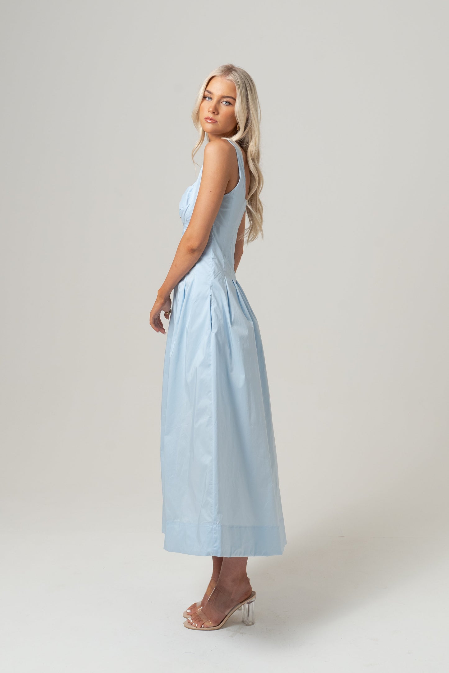 Laura Blue Midi Dress with Pleated Trims