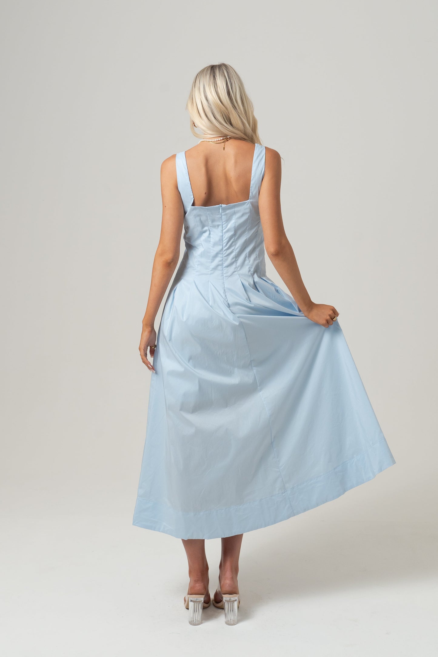 Laura Blue Midi Dress with Pleated Trims