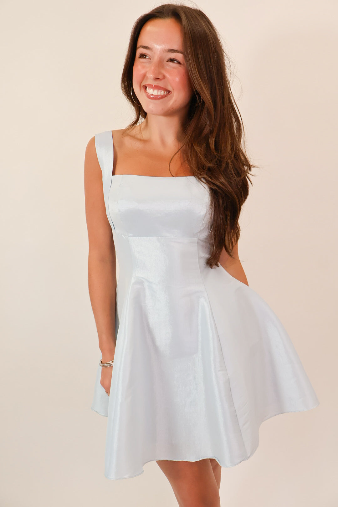 Powder Blue Bow Back Satin Mini Dress
